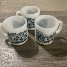 Vintage GLASBAKE Currier & Ives Farm Milk Glass Coffee Mugs Set of 3 Made In USA