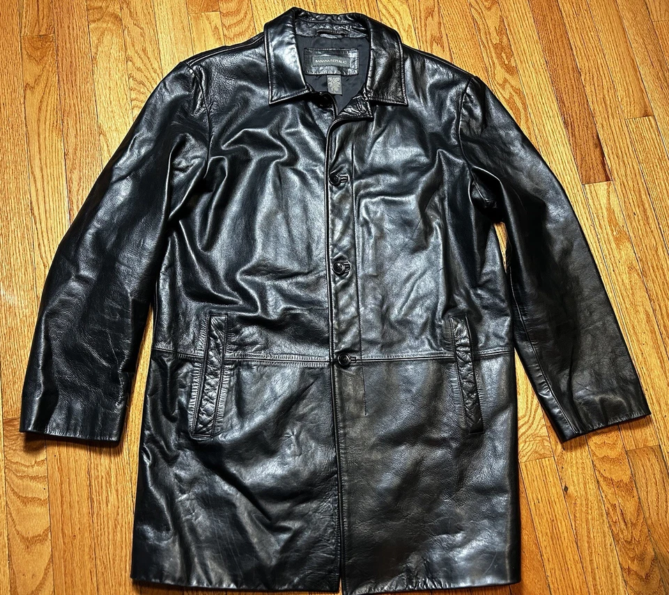 Gabardina de cuero negra de gran tamaño vintage de los 90 Y2K Banana Republic para hombre grande