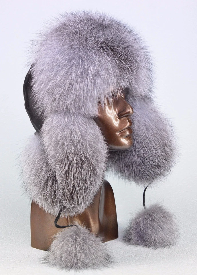 Premium Saga Furs Genuine Real Fox Fur Genuine Leather Fancy Winter Trapper Hat - Image 2 of 4
