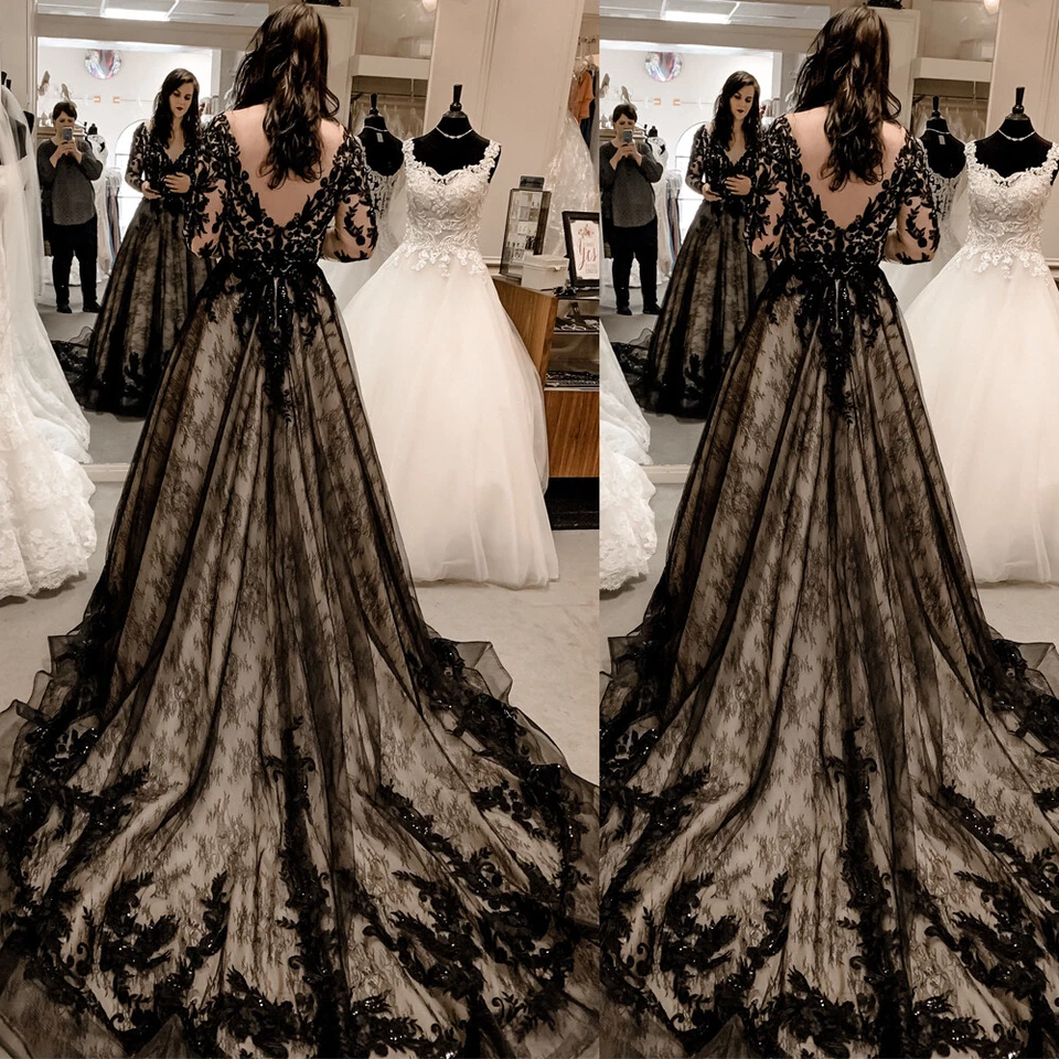 Black and Champagne Wedding Dresses Long Sleeve V Neck Sweep Train Plus Size - Image 2 of 4