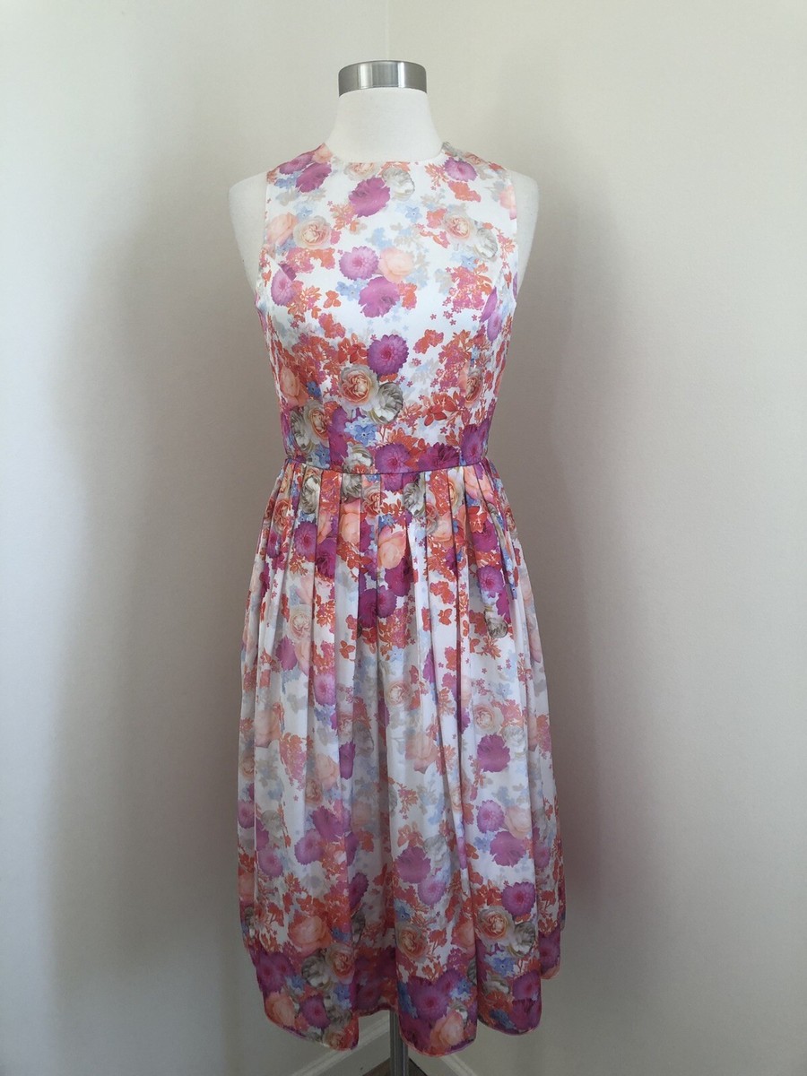 New Asos Silky Floral Print White Pink Roses Fit And Flare Midi Dress Sz 4  0-2