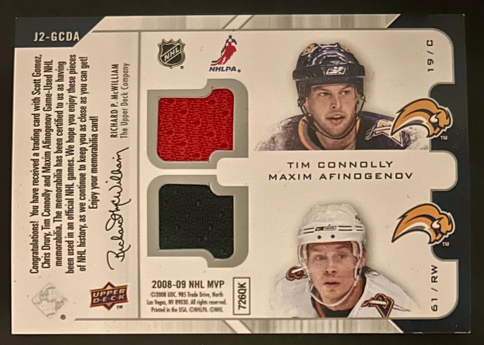 2008-09 Upper Deck MVP 2 On 2 Jerseys J2-GCDA Gomez Drury Connoly Afinogenov - Image 2 of 4