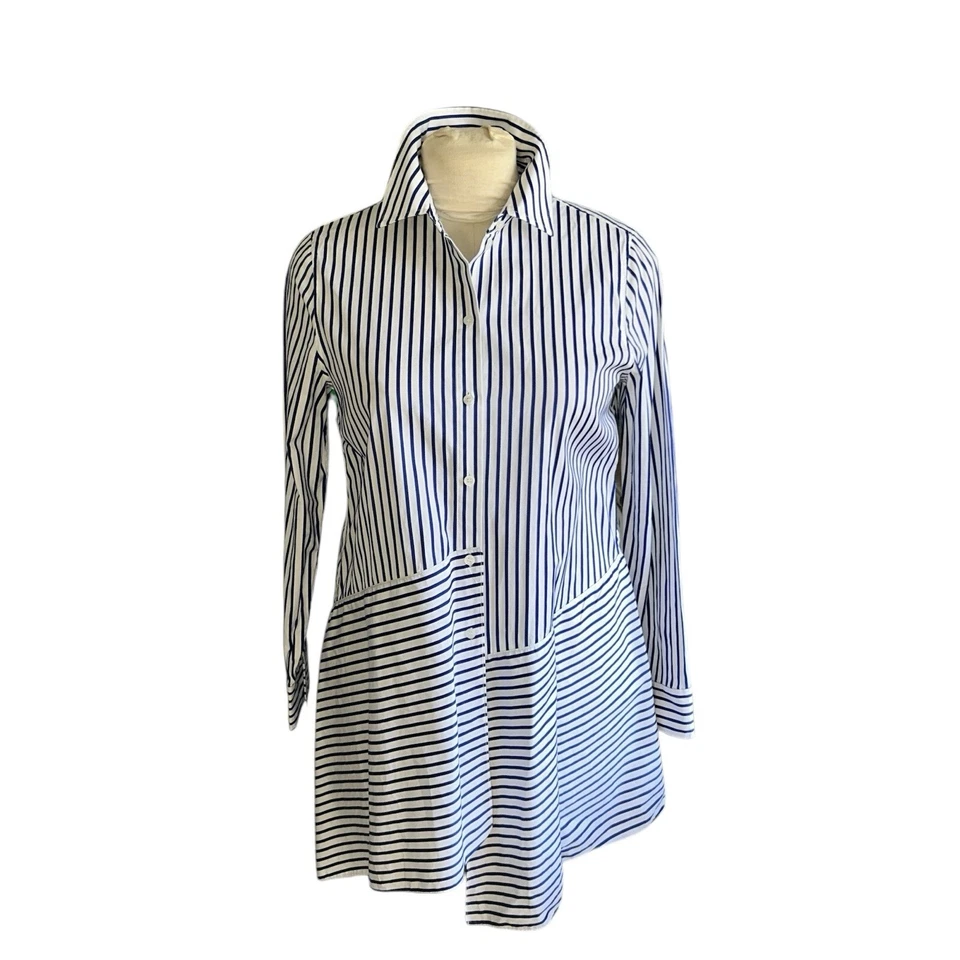 Nordstrom Signature White & Navy Striped Asymmetrical Button Up Tunic Size Small - Image 2 of 4