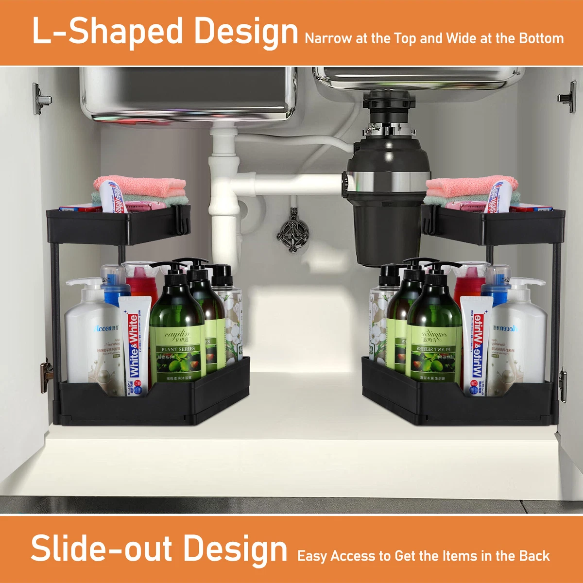 2-Tier Under Sink Organizers, 2 Pack Sliding L-Shape Cabinet Organizers  Narrow Space Storage Multi-Purpose Sink Organizer For Bathroom Kitchen  Drawer(Black 2 )