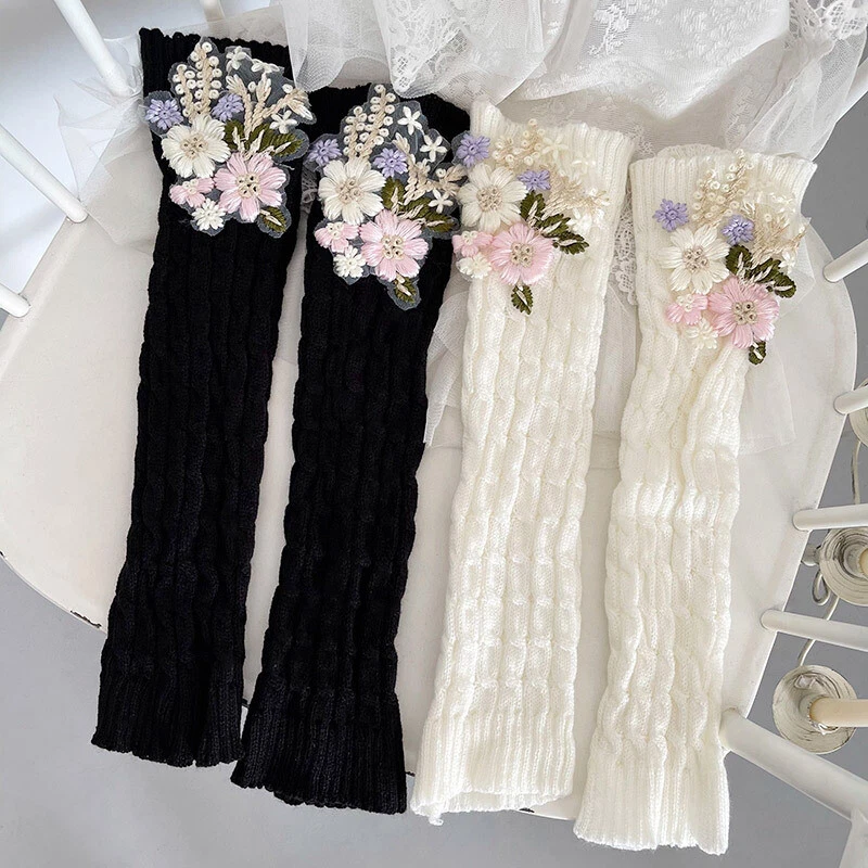 1 par de meias longas bordadas florais femininas meia malha aquecedor de perna JK Lolita - Imagem 2 de 4