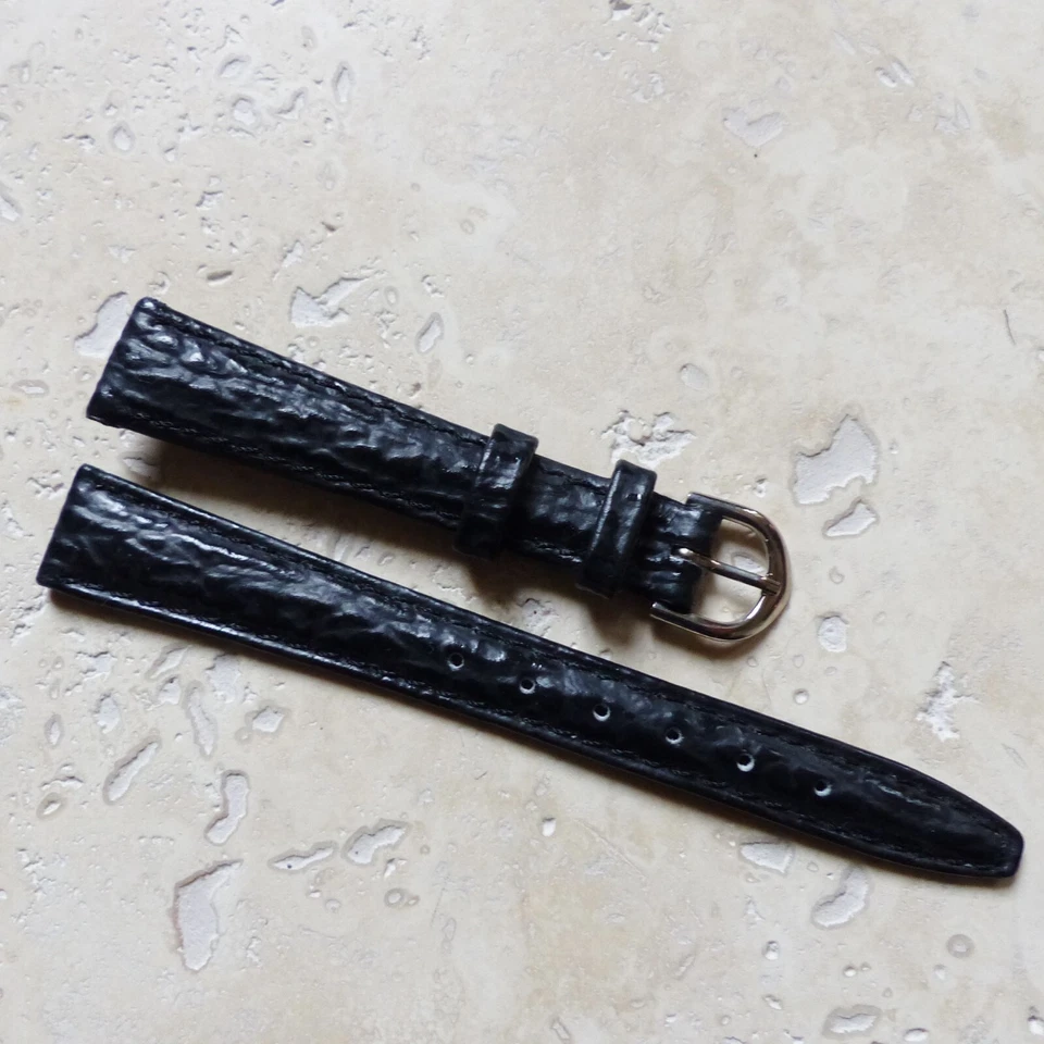 BRACELET de MONTRE en CUIR VERITABLE NOIR GRAIN REQUIN 14mm NEUF - Photo 1/4