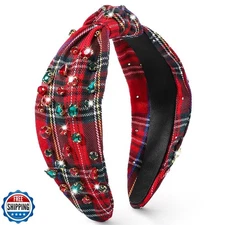 obeoby Christmas Headband for Women, Knotted Headband with Jeweled Crystal De