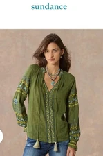 NEW SUNDANCE LIVING CATALOG Women’s Embroidered TOTORA Green Long Sleeve Top S