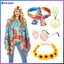 Hippie Kostüm Damen Set mit Poncho und Zubehör für Karneval 70er Jahre