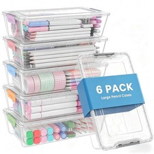 Sooez 6 Pack Pencil Boxes,Extra Large Pencil Case, Plastic Crayon Pen Box