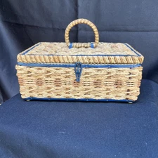 Vintage Wicker Sewing Basket with Satin Lining And Blue Banding Made In Japan