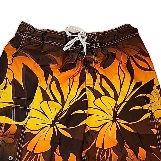 Bañador Merona Aloha Para Hombre XL Marrón Naranja Hawaiano Tropical Cordón Malla Foto 4 de 4