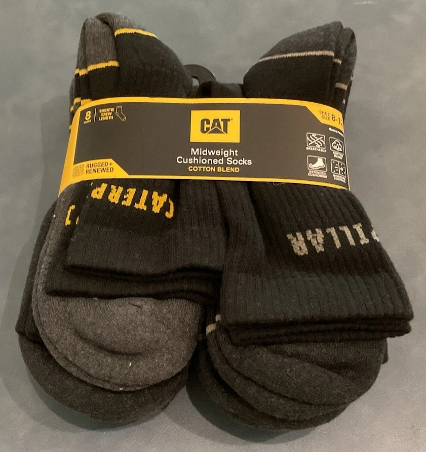 CAT Midweight Cushioned Cotton Blend Crew Socks 8-Pack Shoe Size 8-12 Black Gray