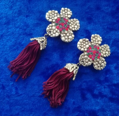 Boucles D'oreilles Jacky De G JDG Clips Dorés Fleurs Strass, Vintage, Origine France