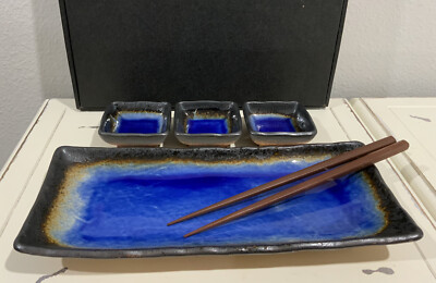 Vtg Japan Miya Kosui Blue Sushi Plate Chopstick Condiment 5 Pc Set Original Box