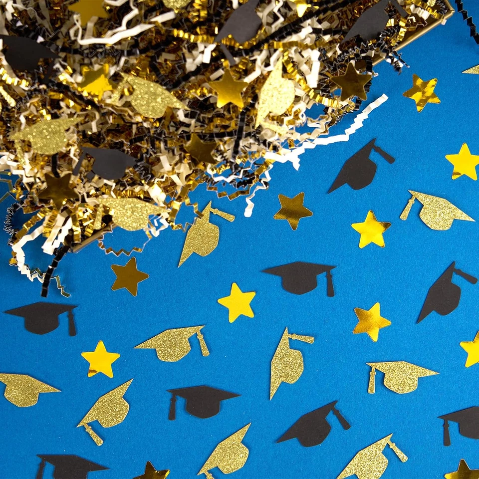 Papel de graduación de 1 LB con tapa de graduación con confeti de estrella, negro metálico dorado Foto 2 de 4