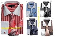 Men's Striped  Fashion French cuff Dress shirt with Tie & Hanky  FL631
