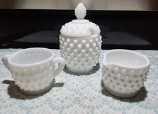 MIXED LOT OF VINTAGE FENTON PRE LOGO MILK GLASS HOBNAIL - 2 OPALESCENT PCS READ