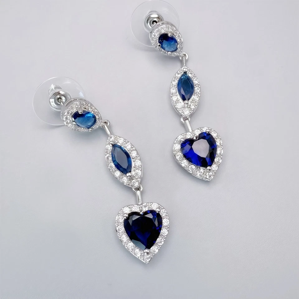 Conjunto de pendientes collar corazón azul circonita cúbica joyería nupcial colgante tono plata regalo Foto 3 de 4