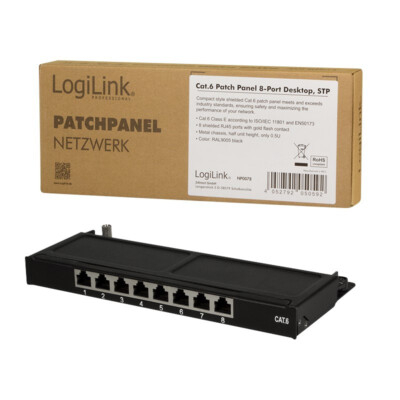 Cat.6 Mini Patchpanel 8 Ports geschirmt, Desktop, 0,5 HE, schwarz