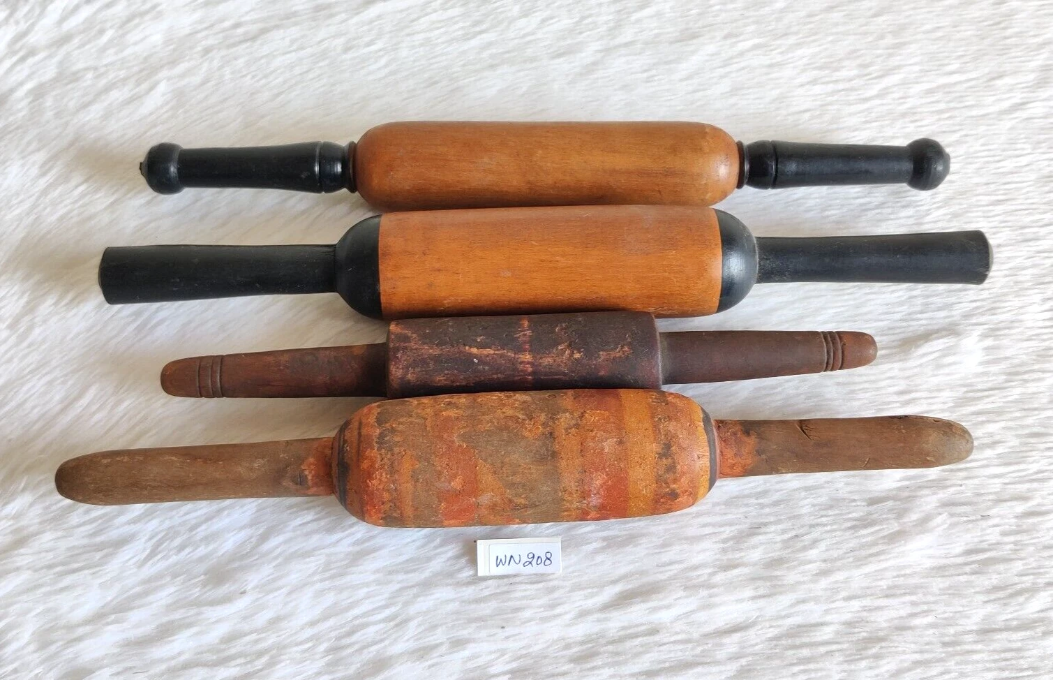 Antique Primitive Handmade Lacquered Bread Bakers Wooden Rolling Pin 4 pcs WN208