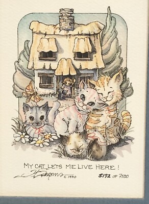 Jody Bergsma My Cats Let Me Live Here Watercolor Print Matted Signed & Numbered