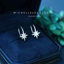 Dainty Starburst Hook Earrings in Sterling Silver, Star Earrings with Crystals