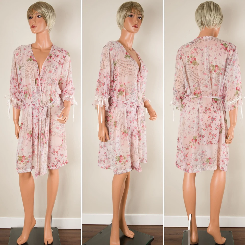 💖 SECRET TREASURES Robe Floral Rosa Semitransparente Cinto de Renda Chiffon GG - Imagem 2 de 4