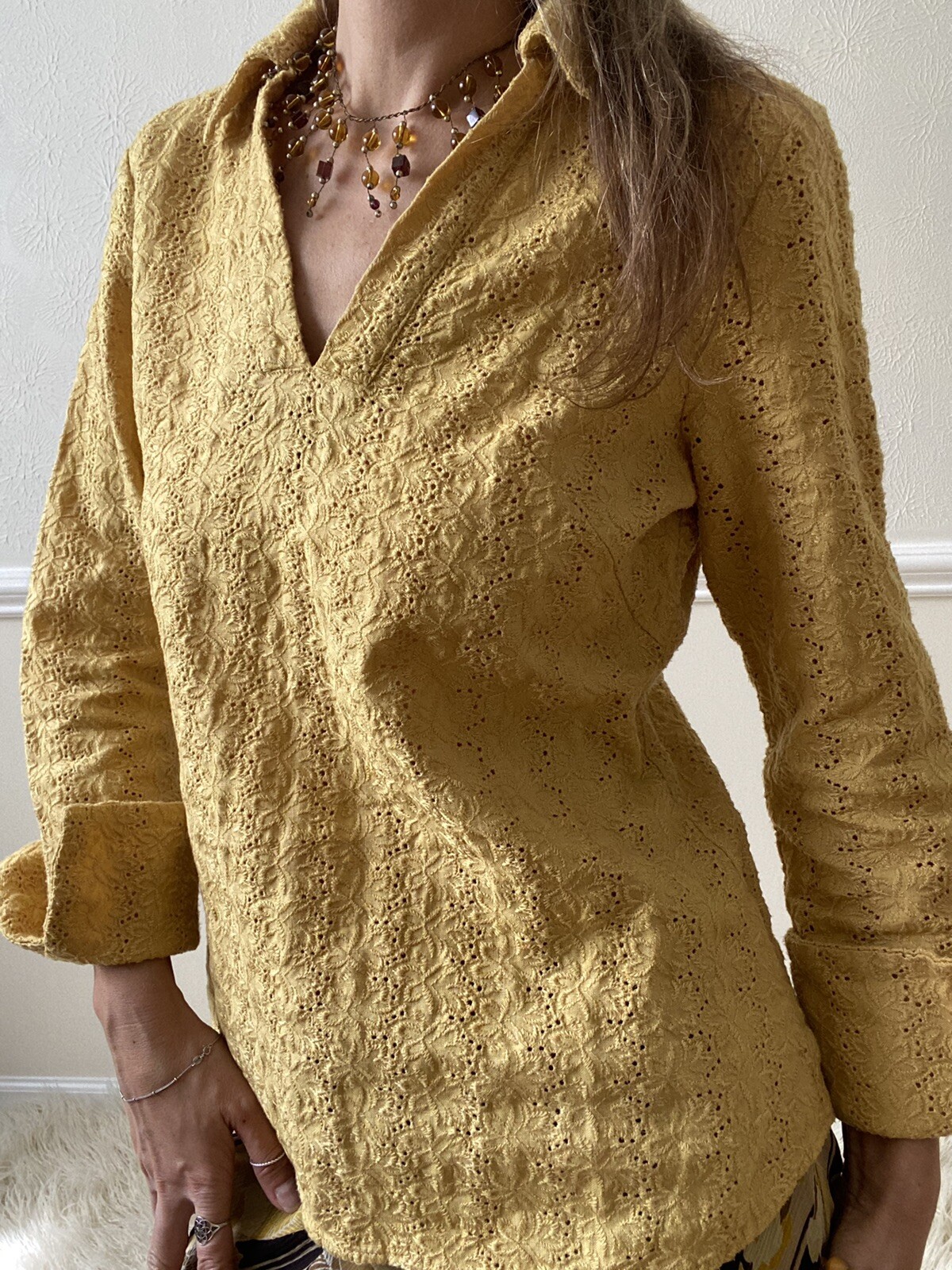 Blouse linen yellow mustard collared eyelet S beautiful shirt eBay