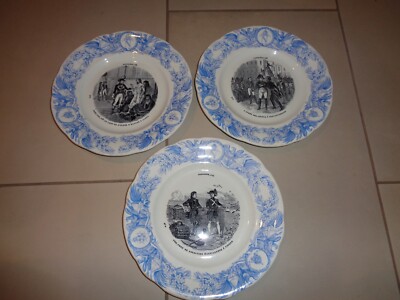 CREIL MONTEREAU Blue Napoleon Transferware PLATES Set of 3