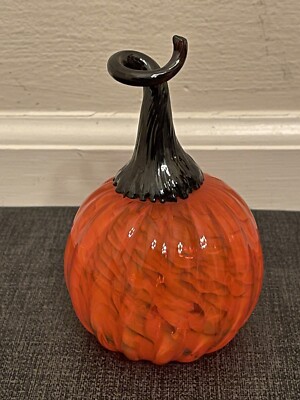 Art Glass Pumpkin Orange Black Stem Blown Glass  Halloween Fall Harvest 5  X 4 