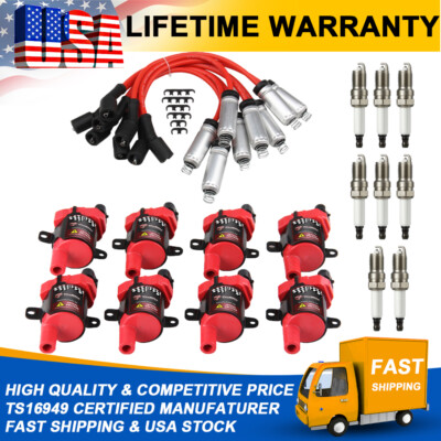 8PCS Round Ignition Coil Pack UF262 with Spark Plug and Wire For Chevy GMC 4.8L