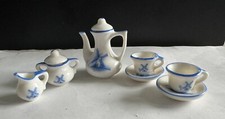 Vintage Delft Ware Porcelain Miniature Tea Set 9Pcs. Pot w/Lid 2 Cups 2 Saucers