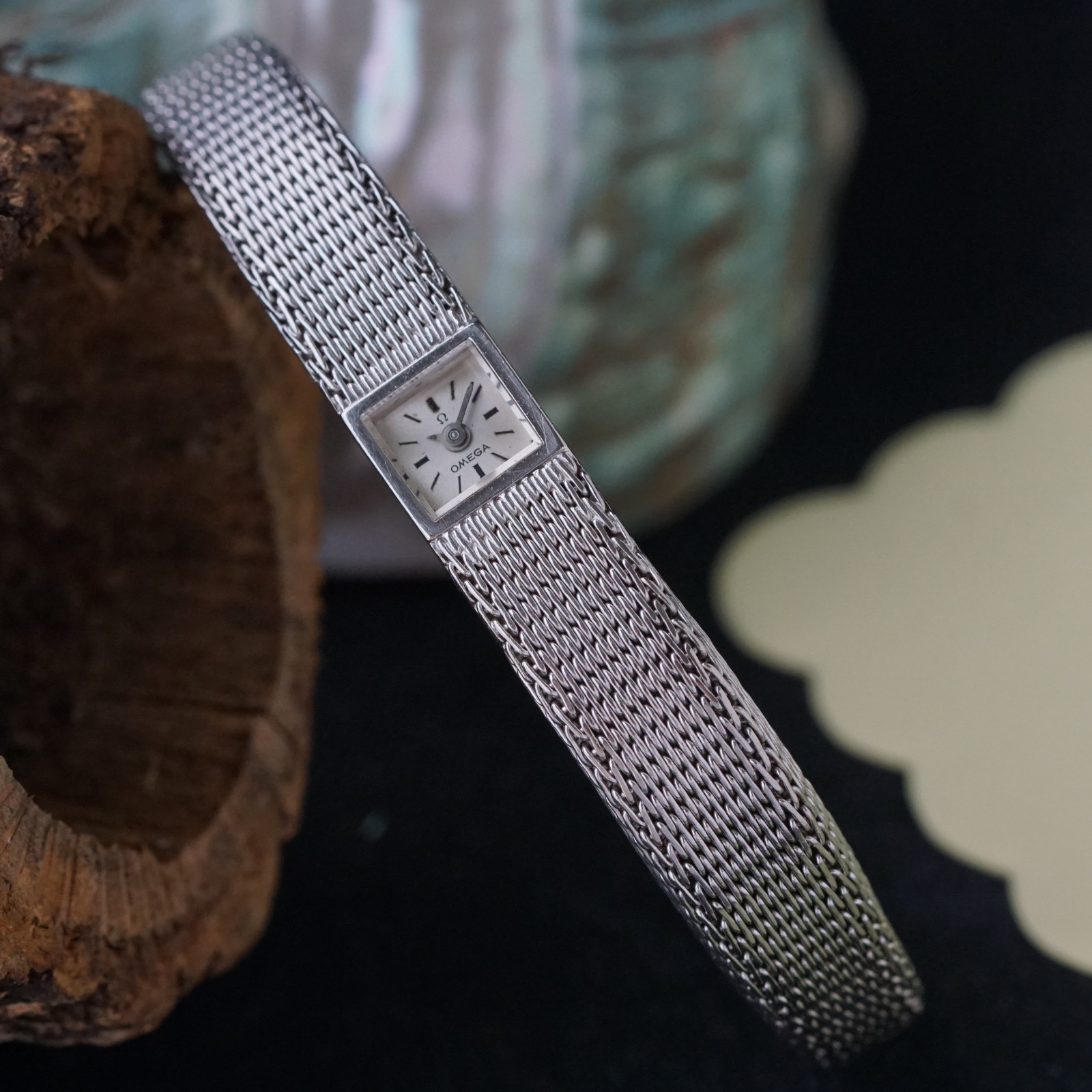 Omega Vintage 18k White Gold Woven Mesh Bracelet 8064 Backwind 1960s image 8
