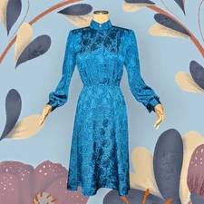 80's CORA'S CLOSET Teal Green Elastic Waist SECRETARY Dress Women's 10 PETITE