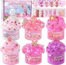 6-Pack Pink Slime Kit for Kids Cloud, Butter Clear Crystal Slime Set with 8 Cu