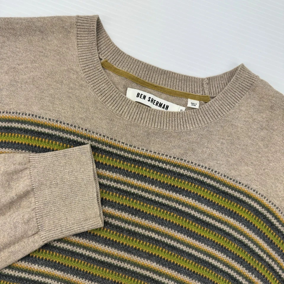 Ben Sherman XL свитер желтовато-коричневый коричневый полоски Crewneck хлопок кашемир пуловер мужской - Изображение 4 из 4