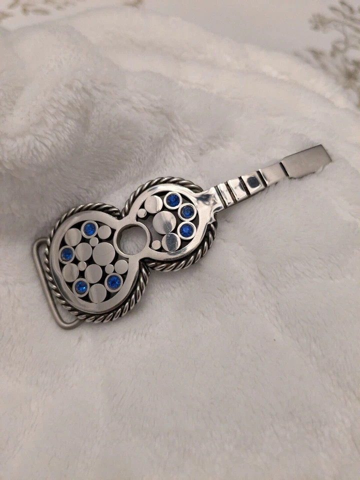 Fivela de cinto de guitarra de aço vintage anos 70 strass azul polido aço inoxidável solda retrô - Imagem 2 de 4