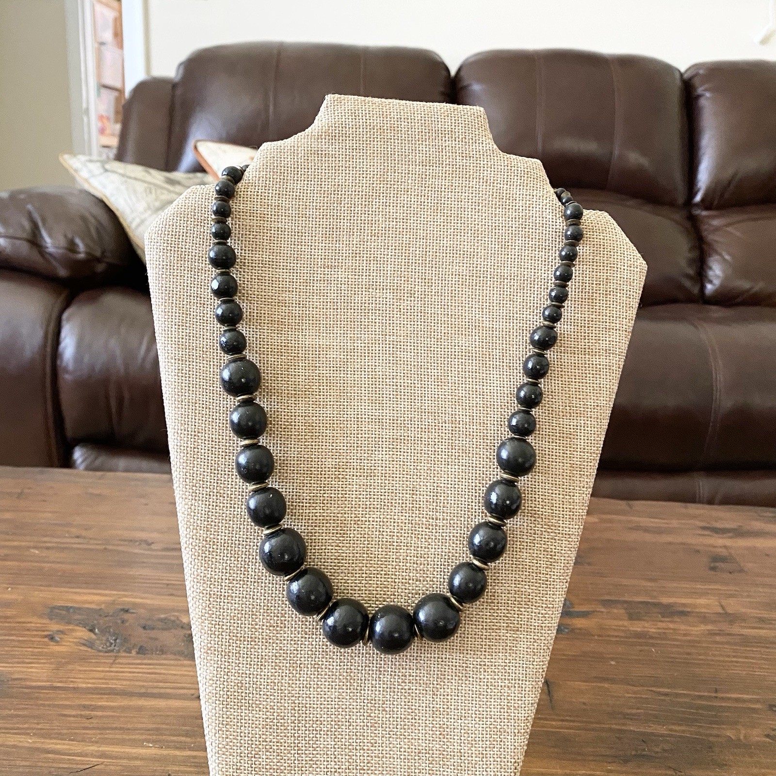 VTG Wooden Graduated Beaded Statement Necklace Boho Black Gold 26”+