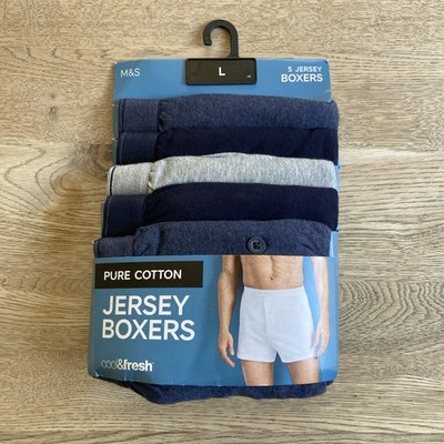 5 Pack Cool&Fresh Pure Cotton Jersey Boxers -Navy/Grey- Large - New In Packaging