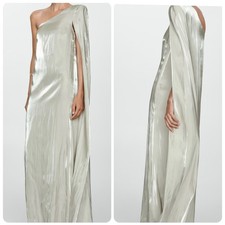 Mango One Shoulder Cape Maxi Dress Womens 6 Silver Agatha-A Metallic Gown NWT