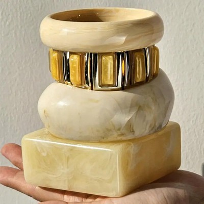 Resin Bracelet Chunky Square Bangle Textured Irregular Yellow White 1 Pc