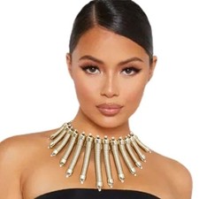 Chunky Metallic Gold Bars Choker Statement Necklace Set NEW