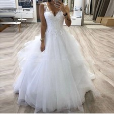 White/Ivory Tulle Wedding Dresses Ball Gown V Neck Applique Bridal Gowns Custom