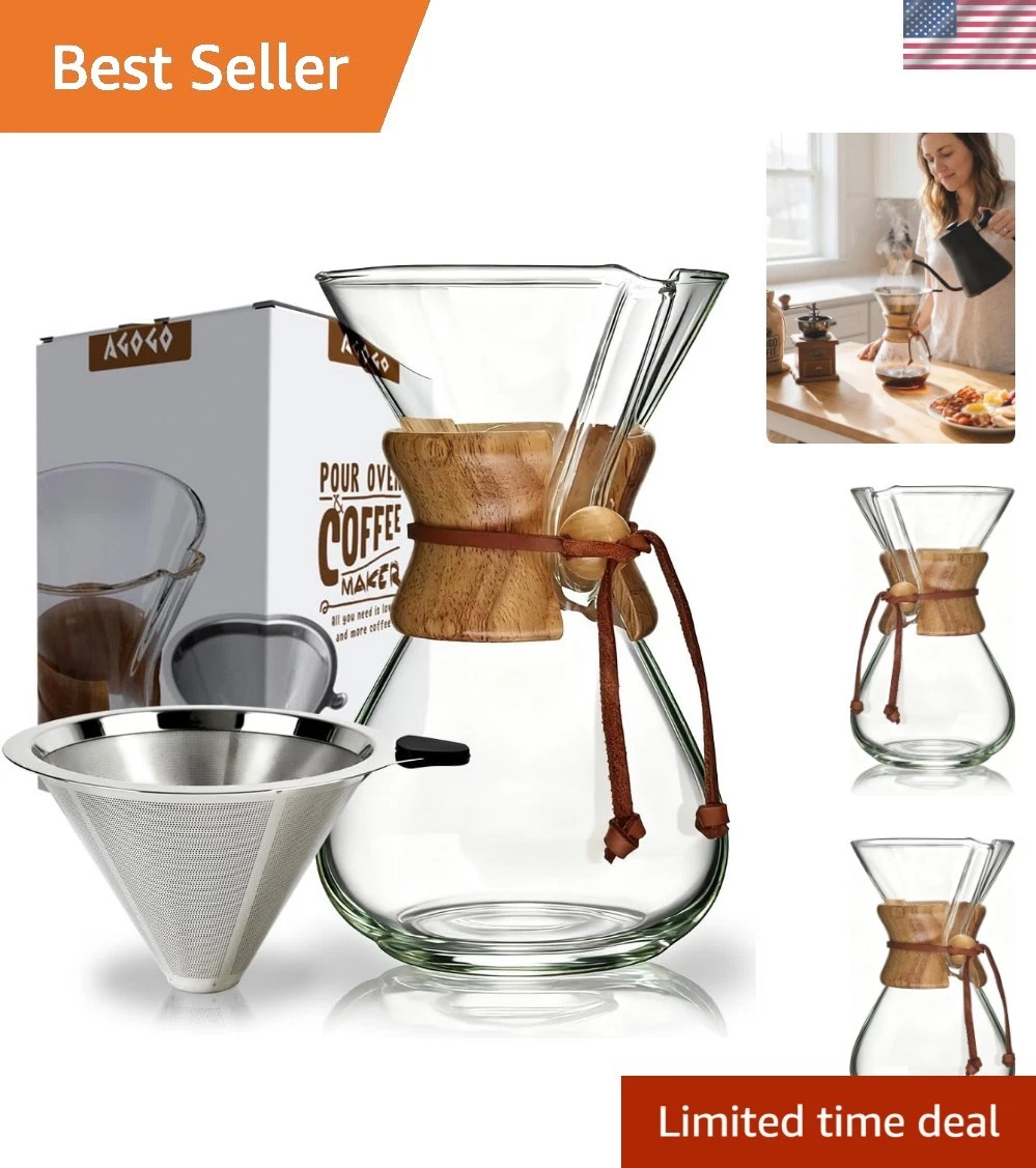 Pour Over Coffee Maker Glass - 6/8/10 Cup Barista Kit with 304 Stainless Filt...