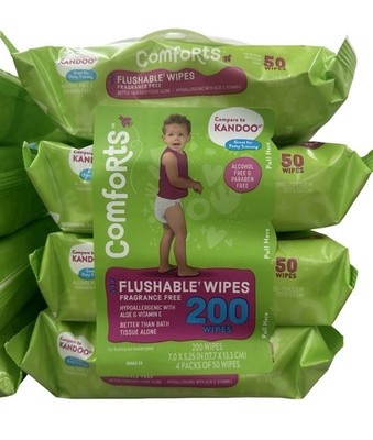 Comforts Flushable Wipes Fragrance Free Hypoallergenic 200 Count (4 Packs of 50)