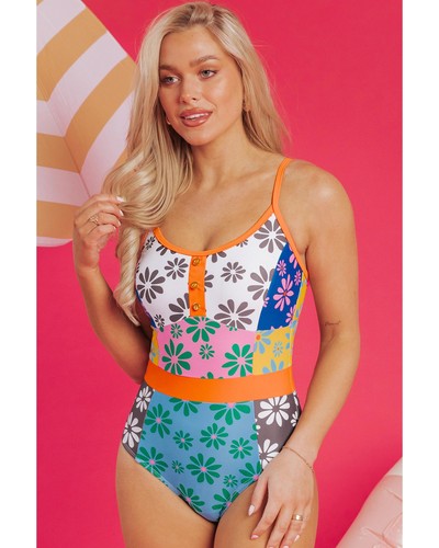 Azura Exchange Orange Floral Colorblock Buttoned Decor Front Spaghetti Straps - Picture 8 of 63