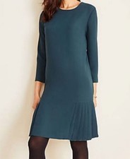 Ann Taylor Womens Small Dress Dark Hunter Green Pleated Hem Career NEW