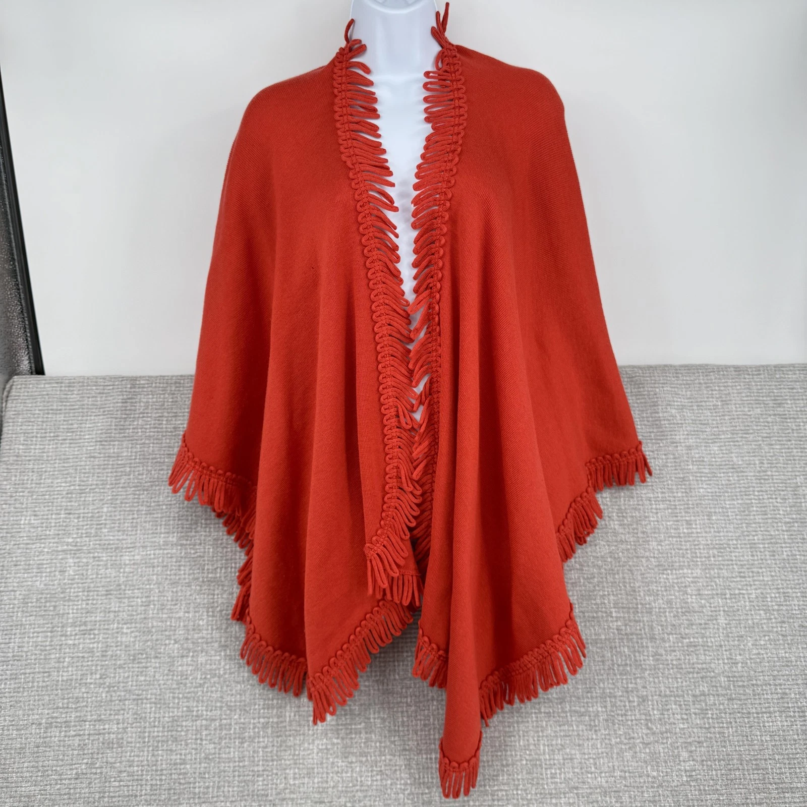 Coldwater Creek Poncho Womens One Size Red Orange Fringe Trim Ruana Knit Cape