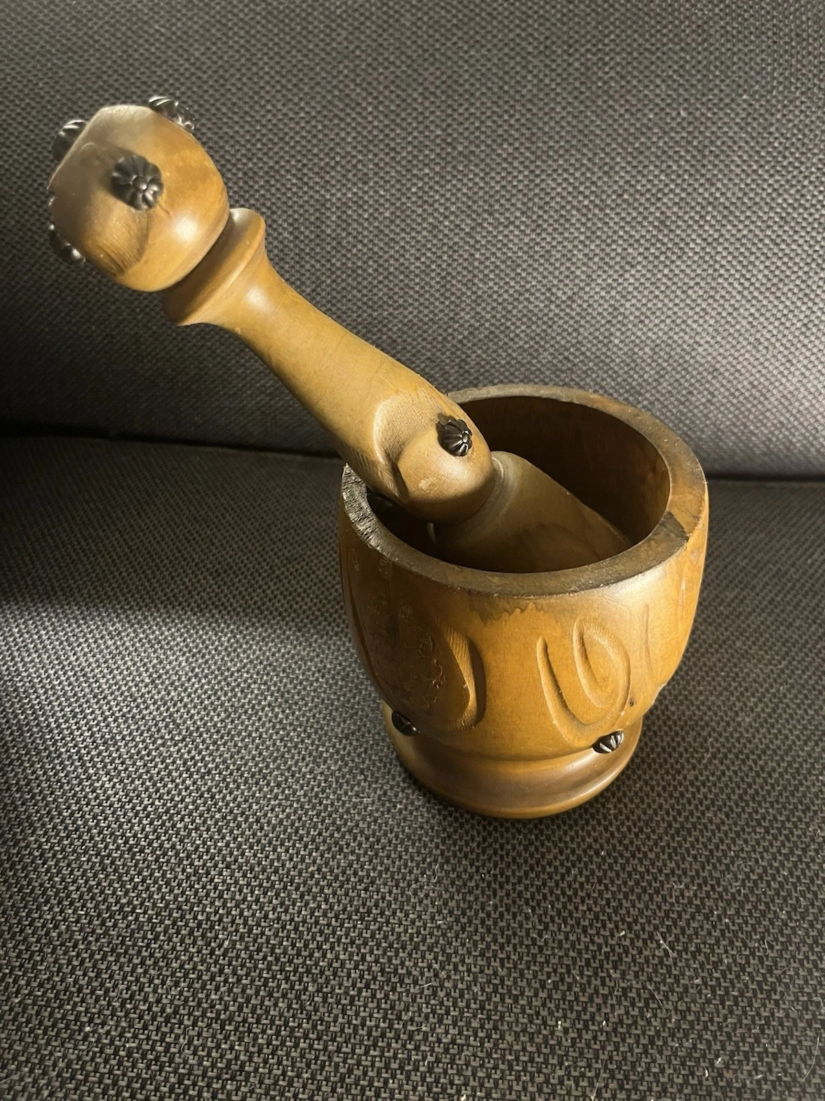 Vintage Wooden Mortar Pestle Spice Grinder Rustic Primitive Farmhouse Medieval